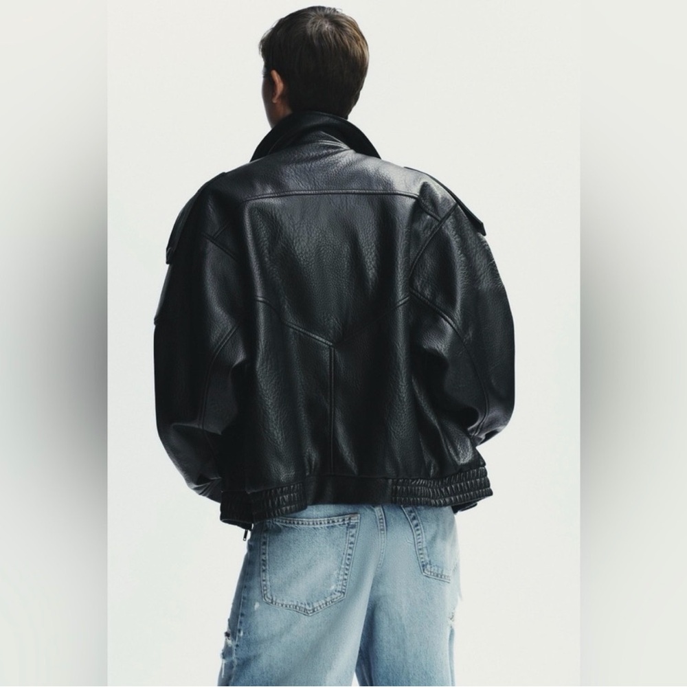 Zara Faux Black Leather-Effect Oversized Biker Jacket - Picture 4 of 8